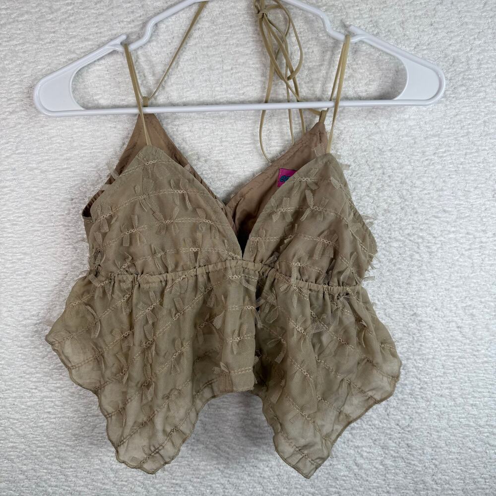 Edikted Flutter Frilled Tie Back Babydoll Top tan womens size small y2k strappy